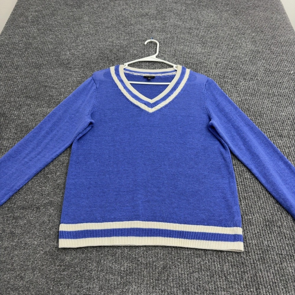 Talbots Sweater Womens L Blue Linen V Neck Striped Preppy Classic